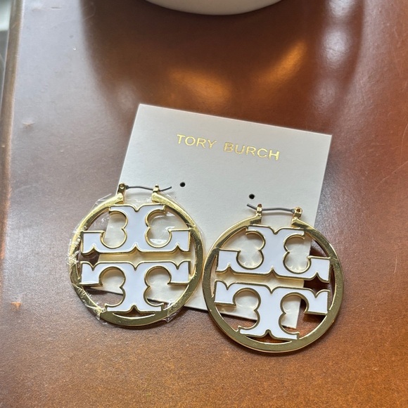 Tory Burch Gold and White Hoop Earrings - Picture 1 of 1